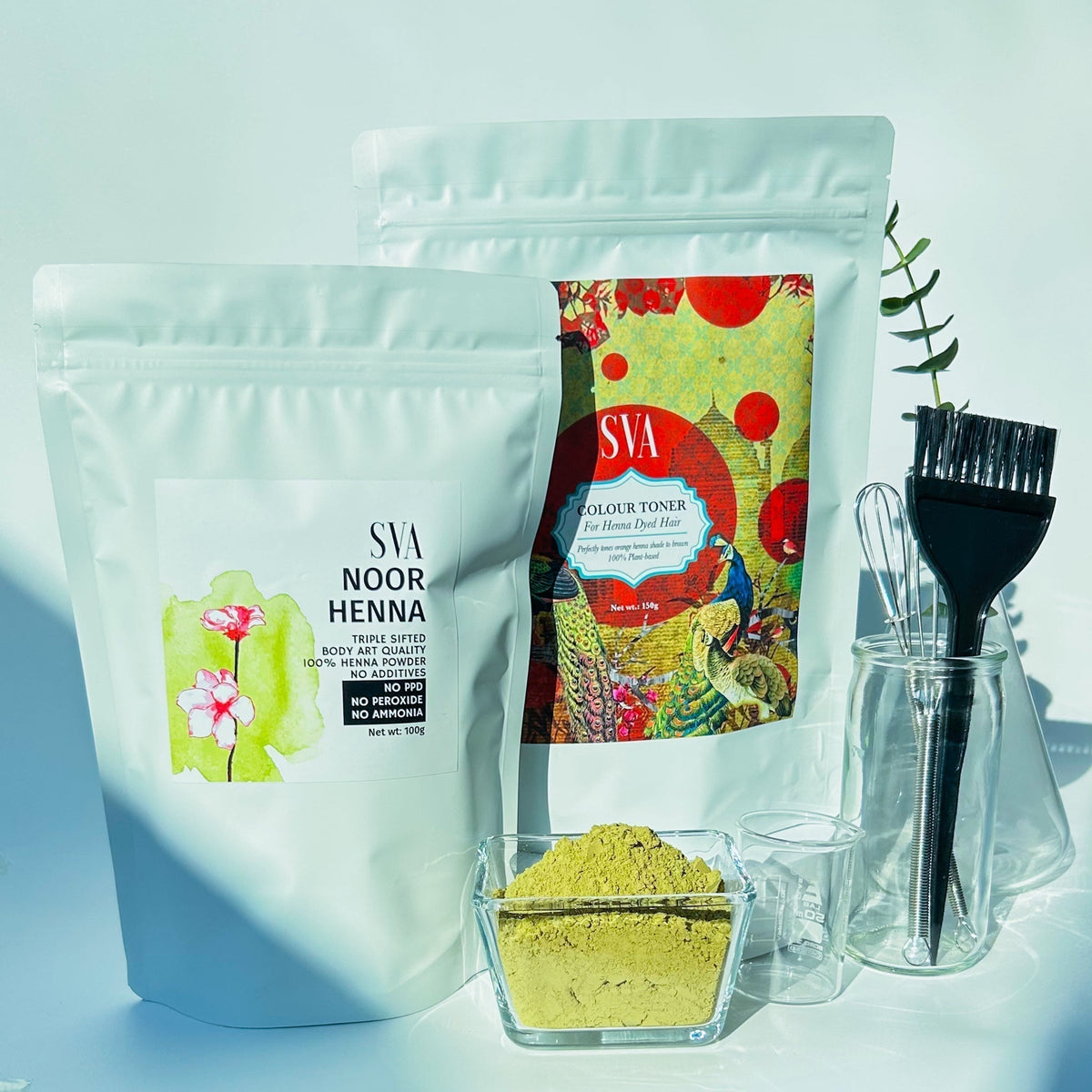 SVA Noor Henna and Plant Colour Toner combo with henna powder and hair application tools