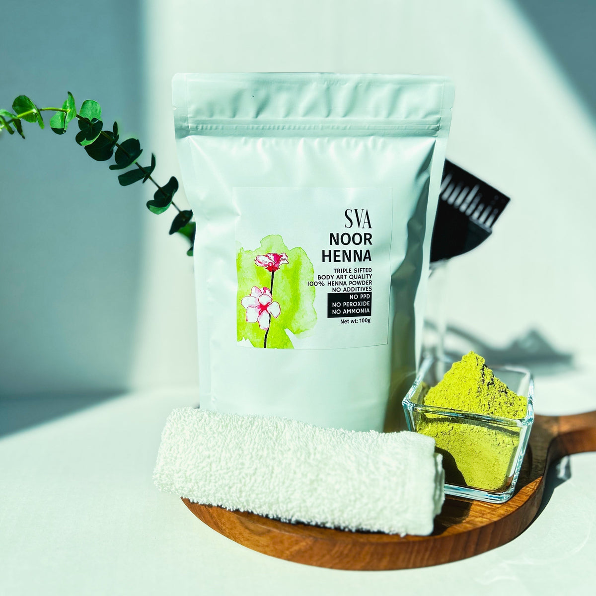 SVA Noor Henna powder with application brush and towel - plant-based hair dye preparation