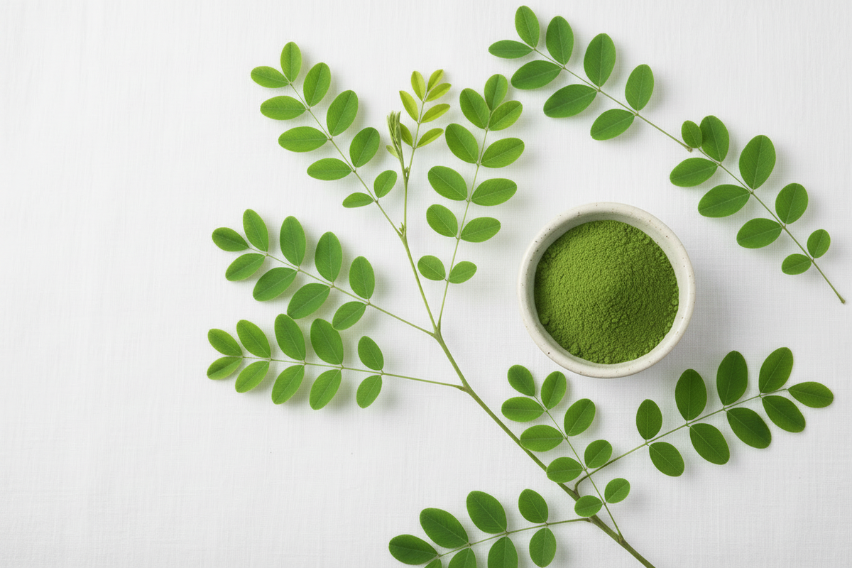 Indigofera tinctoria leaves with fresh green indigo leaf powder