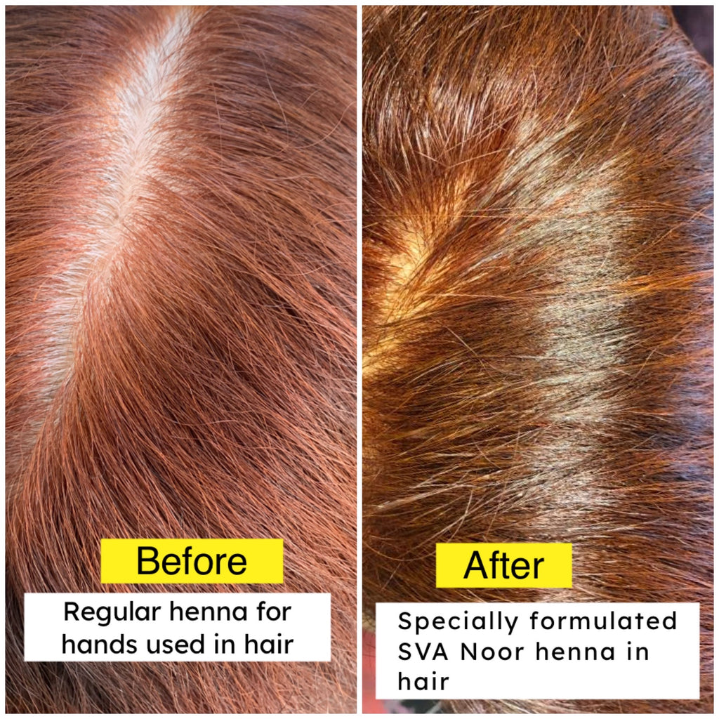 Comparison of hair before and after using specially formulated SVA Noor henna.